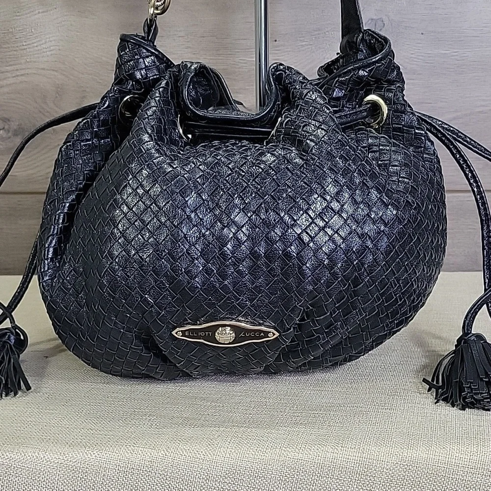 Elliott Lucca Black Woven Leather Drawstring Crossbody Bag